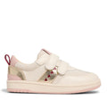 The Pretty Brave River Hearts Leather Trainer Pink Off White is a kids' sporty sneaker in cream genuine leather, featuring pink accents, gold detailing on the heel and strap, two Velcro straps, small red heart cutouts, a pink pull tab, and a light pink sole., 9420075363854, 9420075363847, 9420075363830, 9420075363823, 9420075363816, 9420075363809, 50502, 50503, 50504, 50505