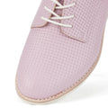 Close-up of the toe of Rollie Derby Embossed pink textured shoe with white laces on a white background.,
9781760778514,
9781760778538,
9781760778552,
9781760778484,
9781760778507,, 46062, 9781760778514, 9781760778538, 9781760778552, 9781760778484, 9781760778507