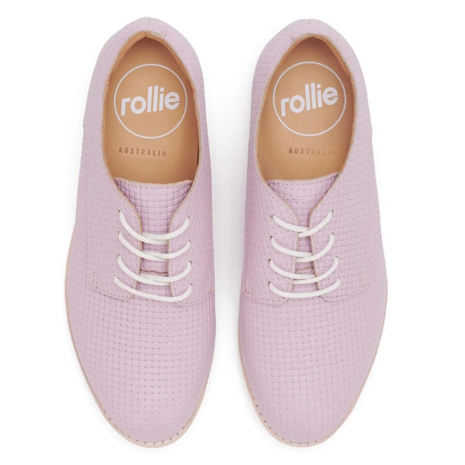 Top Down view of Rollie Embossed lilac derby  shoes with 'rollie' branding on a white background.,
9781760778514,
9781760778538,
9781760778552,
9781760778484,
9781760778507,, 46062, 9781760778514, 9781760778538, 9781760778552, 9781760778484, 9781760778507