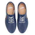 The Rollie Womens Sidecut Punch Navy Tumble Leather Shoe is a blue lace-up with white laces, tan insoles, punch hole toe detailing, "rollie" branding inside, and breathable linings. Shoes are viewed from above., 9781760775414, 9781760775421, 9781760775438, 9781760775445, 9781760775452