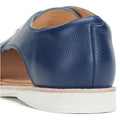 Close-up of the heel and side of the Rollie Womens Sidecut Punch Navy Tumble Leather Shoe, featuring blue leather with white stitching, punch hole detailing, tan breathable lining, and a white anti-slip rubber outsole on a white surface., 9781760775414, 9781760775421, 9781760775438, 9781760775445, 9781760775452