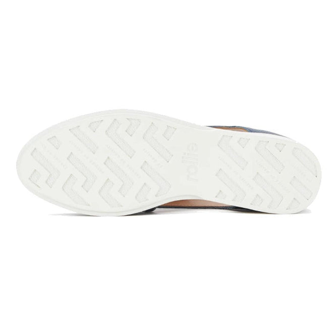 The Rollie Womens Sidecut Punch Navy Tumble Leather Shoe features a white rubber outsole with zigzag and geometric tread, viewed from below, and "rollie" embossed at the center of its anti-slip sole., 9781760775414, 9781760775421, 9781760775438, 9781760775445, 9781760775452