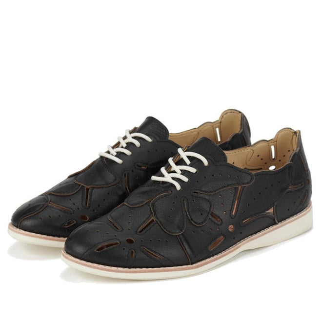 The Rollie Derby Applique Black Women's Leather Brogue Shoe features soft black leather, floral and abstract cut-outs, white laces, cream soles, and is uniquely Australian designed for standout style., 9781760792312, 9781760792329, 9781760792336, 9781760792343, 9781760792350