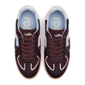 Top view of the Rollie Womens Pace Dark Cherry Bone Suede Sneaker, featuring maroon suede upper, brown laces, light blue insoles with "rollie" branding, and white detailing on the toe and sides., 9339554000315, 9339554000317, 9339554000164, 9339554000056, 9339554000182