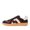 Side view of the Rollie Womens Pace Dark Cherry Bone Suede Sneaker featuring a maroon and white colorway, suede leather upper, mesh accents, gum sole, and a stylized H design on the side., 9339554000315, 9339554000317, 9339554000164, 9339554000056, 9339554000182