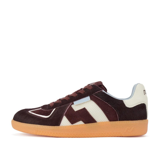 Side view of the Rollie Womens Pace Dark Cherry Bone Suede Sneaker featuring a maroon and white colorway, suede leather upper, mesh accents, gum sole, and a stylized H design on the side., 9339554000315, 9339554000317, 9339554000164, 9339554000056, 9339554000182