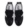 Top view of Rollie Womens Shift Black/Bone Sneaker, style PS00093, with black laces, black suede details, and white insoles branded "rollie" in black., 9339554369945, 9339554362427, 9339554100234, 9339554006246, 9339554000138