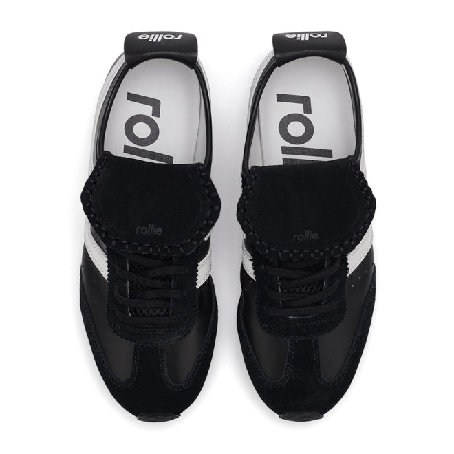 Top view of Rollie Womens Shift Black/Bone Sneaker, style PS00093, with black laces, black suede details, and white insoles branded "rollie" in black., 9339554369945, 9339554362427, 9339554100234, 9339554006246, 9339554000138