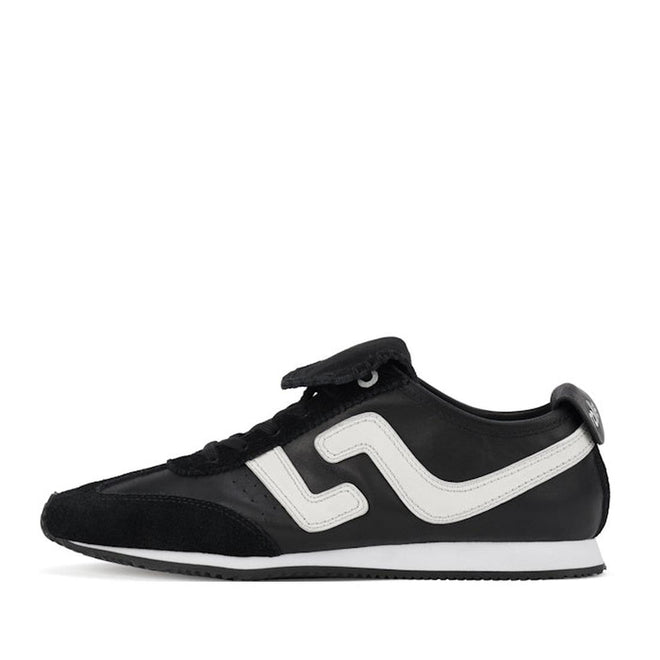 The Rollie Womens Shift Black/Bone Sneaker features a black design with a white wavy side stripe, black laces, black sole with white midsole, and suede detailing at the toe and heel for a sleek, athletic look., 9339554369945, 9339554362427, 9339554100234, 9339554006246, 9339554000138