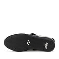 The image shows the black rubber sole of the Rollie Womens Shift Black/Bone Sneaker, model PS00093, featuring the rollie logo and a geometric white design with a wavy tread pattern for grip., 9339554369945, 9339554362427, 9339554100234, 9339554006246, 9339554000138