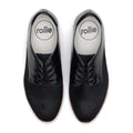 The Rollie Womens Derby Black Splice Leather Brogue Shoe features a polished black lace-up design, white outsoles, visible Rollie insoles branding, and an orthotic-friendly removable footbed for comfort., 51190, 9339554014920, 9339554054292, 9339554007458, 9339554000329, 9339554389769