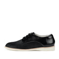 The Rollie Womens Derby Black Splice Leather Brogue Shoe is a black leather oxford with a white sole, black laces, and polished finish, featuring an orthotic-friendly removable footbed, shown in a side view on a white background., 51190, 9339554014920, 9339554054292, 9339554007458, 9339554000329, 9339554389769