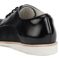 Close-up of the Rollie Womens Derby Black Splice Leather Brogue Shoe: black leather upper, white inner lining, thick white anti-slip rubber outsole, black laces, shiny finish, and a removable orthotic-friendly footbed for comfort., 51190, 9339554014920, 9339554054292, 9339554007458, 9339554000329, 9339554389769