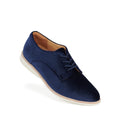 The Rollie Womens Derby Navy Velvet Brouge Shoe is a single navy blue velvet lace-up dress shoe with a tan interior lining and a white sole, displayed against a plain white background.
