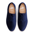 The Rollie Womens Derby Navy Velvet Brouge Shoe, style SC02100, features navy velvet lace-up design and tan insoles with the rollie logo and AUSTRALIA text, shown from above on a white background., 9339554000046, 9339554035741, 9339554028743, 9339554006123, 9339554009810