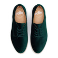 A pair of Rollie Womens Derby Emerald Velvet Brogue Shoes, style SC02101, with tan insoles labeled "rollie AUSTRALIA," shown from above on a white background., 9339554068114, 9339554005690, 9339554000077, 9339554000336, 9339554023830