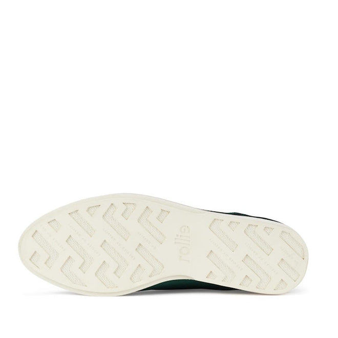 The image displays the white, textured geometric sole of the Rollie Womens Derby Emerald Velvet Brogue Shoe, shown facing upward with "rollie" embossed at the center and style code SC02101 visible., 9339554068114, 9339554005690, 9339554000077, 9339554000336, 9339554023830