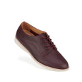 The Rollie Womens Derby Super Soft Dark Cherry Leather Shoe is a maroon leather lace-up oxford with a cushy EVA midsole and low white sole, displayed at an angle on a plain white background.