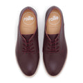 Top view of Rollie Womens Derby Super Soft Dark Cherry Leather Shoes with tan soles, cushy EVA midsoles, and branded tan insoles featuring the white rollie logo and "AUSTRALIA" text., 9339554034843, 9339554086330, 9339554099231, 9339554070285, 9339554124001, 9339554126029