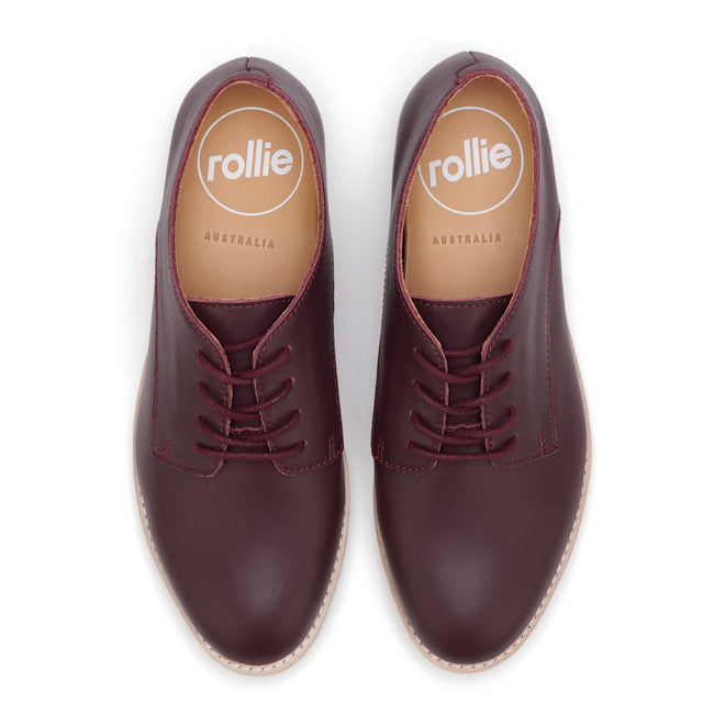 Top view of Rollie Womens Derby Super Soft Dark Cherry Leather Shoes with tan soles, cushy EVA midsoles, and branded tan insoles featuring the white rollie logo and "AUSTRALIA" text., 9339554034843, 9339554086330, 9339554099231, 9339554070285, 9339554124001, 9339554126029