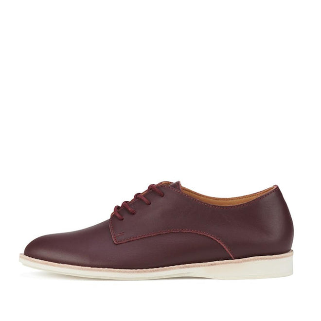 The Rollie Womens Derby Super Soft Dark Cherry Leather Shoe is shown in a side view with matching laces and a white sole featuring an anti-slip rubber outsole, displayed on a plain white background., 9339554034843, 9339554086330, 9339554099231, 9339554070285, 9339554124001, 9339554126029