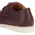 Close-up of the Rollie Womens Derby Super Soft Dark Cherry Leather Shoe, highlighting the smooth leather heel and side, light stitching, cushy EVA midsole, white anti-slip rubber outsole, and part of the open collar., 9339554034843, 9339554086330, 9339554099231, 9339554070285, 9339554124001, 9339554126029