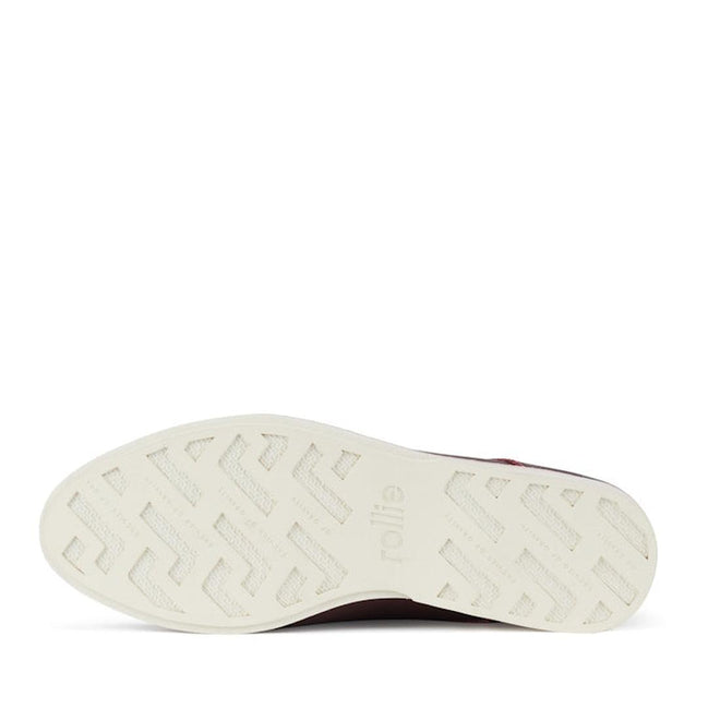 Bottom view of the Rollie Womens Derby Super Soft Dark Cherry Leather Shoe, showcasing a white anti-slip rubber outsole with a geometric chevron tread and the Rollie logo embossed in the center., 9339554034843, 9339554086330, 9339554099231, 9339554070285, 9339554124001, 9339554126029