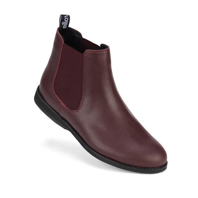 A single Rollie Womens Chelsea Dark Cherry Leather Ankle Boot, style SC02136, with black sole, elastic side panels, and a Lottie pull tab at the back. The boot is angled left on a white background.
