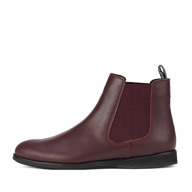 The Rollie Womens Chelsea Dark Cherry Leather Ankle Boot is shown in profile on a white background, featuring elastic side panels, a back pull tab, and a flat black sole., 9339554019543, 9339554104898, 9339554094687, 9339554000190, 9339554073989