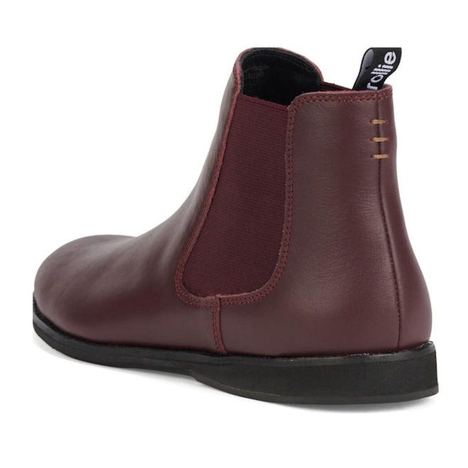 The Rollie Womens Chelsea Dark Cherry Leather Ankle Boot features a black heel pull tab, elastic side panel, and black sole, shown from the rear side angle., 9339554019543, 9339554104898, 9339554094687, 9339554000190, 9339554073989