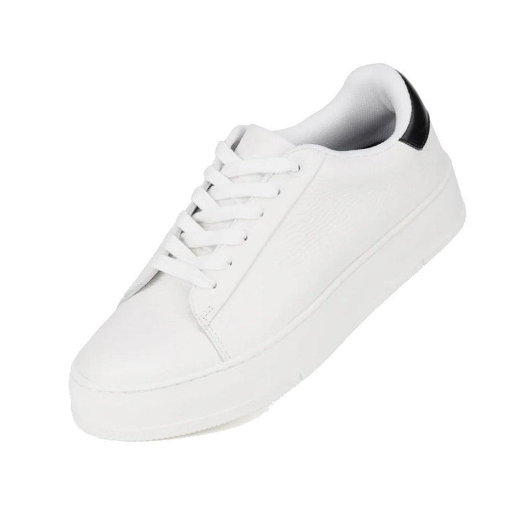 Front & outer side view of the left foot of a white rollie court club lace up casual street style  sneaker with a touch of a black accent on the heel on a white background