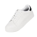 Front & outer side view of the left foot of a white rollie court club lace up casual street style  sneaker with a touch of a black accent on the heel on a white background
