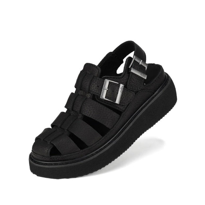 Right out foot and front view Rollie Hyde Fisherman Black sandal with multiple straps and buckles on a white background.