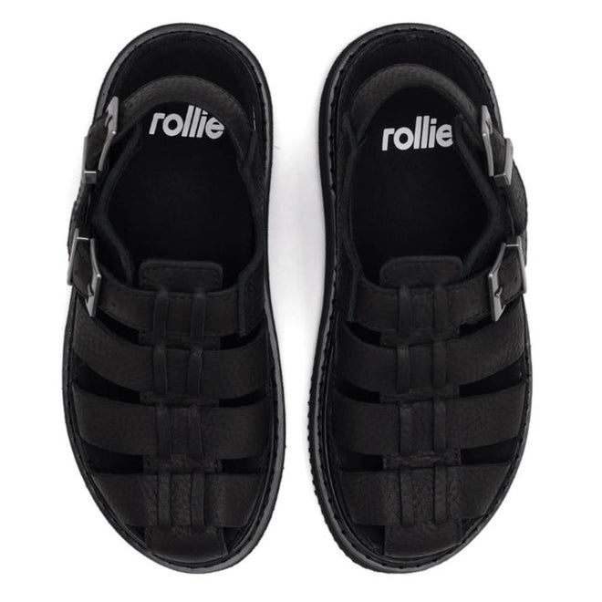 Top down view Rollie Hyde Fisherman Black sandals with 'rollie' branding on a white background.,
9781760788858,
9781760788865,
9781760788872,
9781760788889,
9781760788896,