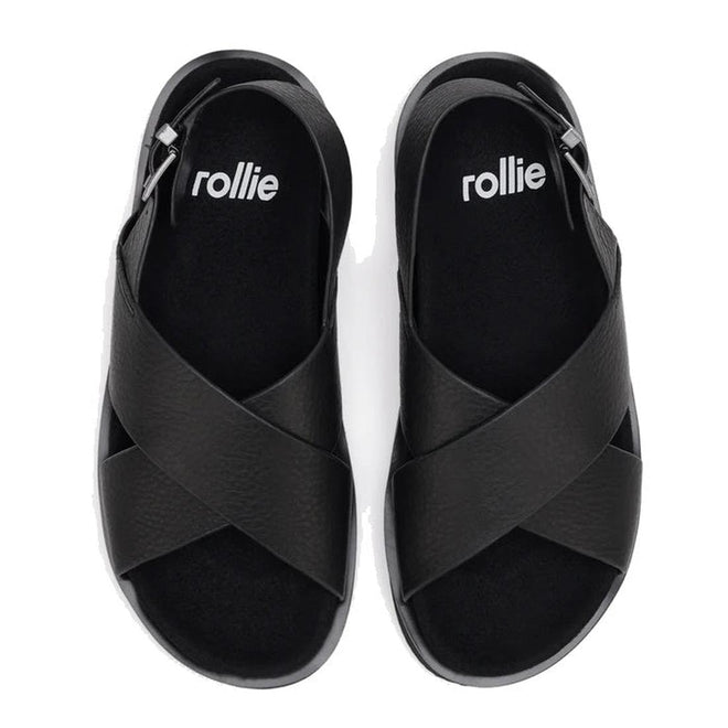 Rollie Womens Rhodes Cross Sandal Tumble Black Leather w/Back Strap