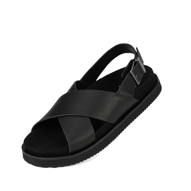 Rollie Womens Rhodes Cross Sandal Tumble Black Leather w/Back Strap