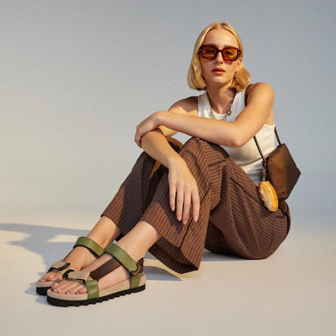 Rollie Womens Sandal Tooth Wedge Trail Green Brown