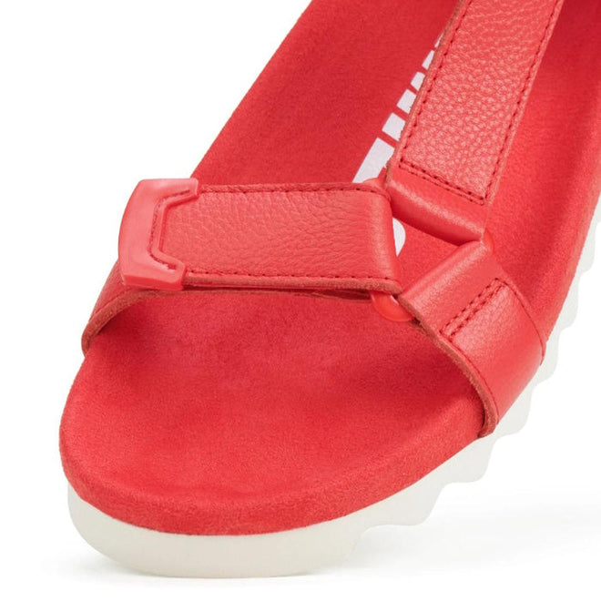Red Toe detail  showing velcro strap Rollie Toothe Wedge sandal with a white sole on a white background.,
9781760776053,
9781760776060,
9781760776077,