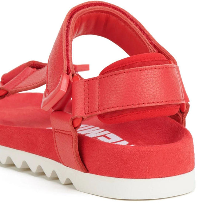 Red Rollie Heel rear view of Tooth Wedge  sandal with white sole on a white background showing padded heel strap and velcro over tthe top of the foot.,
9781760776053,
9781760776060,
9781760776077,