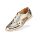 The Rollie Womens Sidecut Boho Punch Gold Leather Shoe features metallic gold leather, side and top cut-out patterns, tan lining, a white sole, and a memory foam footbed—perfect for any boho style shoe lover.