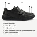 The Bobux Kid+ Scoot Black School Leather Sneaker Shoe features two adjustable straps, a padded collar, flexible sole, and durable scuff-resistant toecap—ideal for kids who need long-lasting sneakers for busy school days., 48409, 9420074842510, 9420074842527, 9420074842534, 9420074842541, 9420074842558, 9420074842565