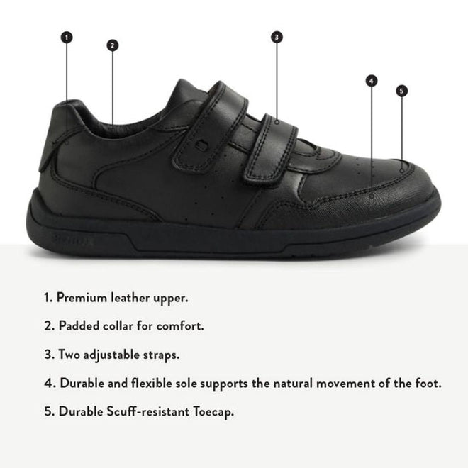 The Bobux Kid+ Scoot Black School Leather Sneaker Shoe features two adjustable straps, a padded collar, flexible sole, and durable scuff-resistant toecap—ideal for kids who need long-lasting sneakers for busy school days., 48409, 9420074842510, 9420074842527, 9420074842534, 9420074842541, 9420074842558, 9420074842565
