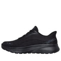 The Skechers Womens Slip In Go Walk Arch Fit N-Joy Black is a low-top athletic shoe with a thick Arch Fit cushioned sole, subtle grey accents, and the Skechers logo near the heel. It offers a convenient slip-in design for easy wear., 199025170253, 49932, 199025170277, 49934, 199025170291, 49936, 199025170314, 49938, 199025170338, 199025170352