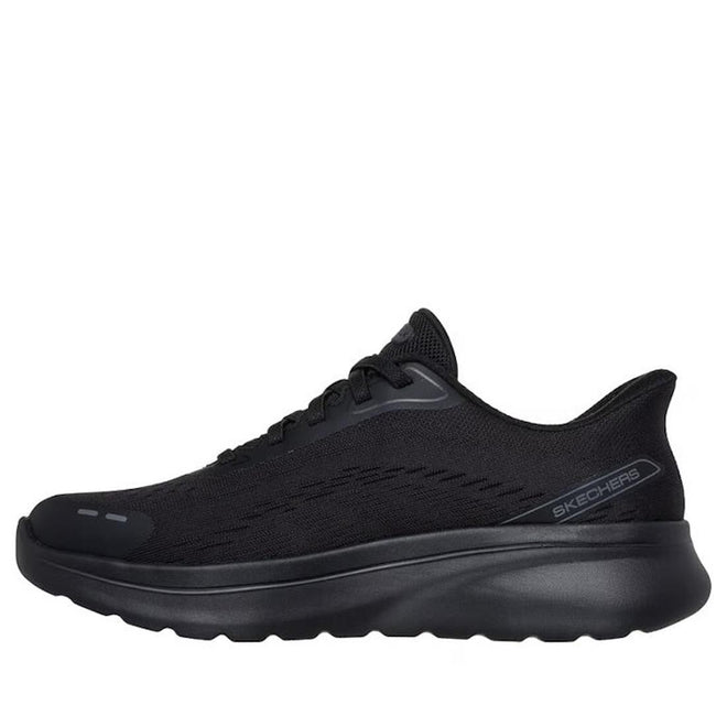 The Skechers Womens Slip In Go Walk Arch Fit N-Joy Black is a low-top athletic shoe with a thick Arch Fit cushioned sole, subtle grey accents, and the Skechers logo near the heel. It offers a convenient slip-in design for easy wear., 199025170253, 49932, 199025170277, 49934, 199025170291, 49936, 199025170314, 49938, 199025170338, 199025170352
