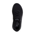 A top view of the Skechers Womens Slip In Go Walk Arch Fit N-Joy Black showcases its lace-up, breathable mesh upper and Arch Fit insole logo. This vegan slip-on walking shoe is set against a plain white background., 199025170253, 49932, 199025170277, 49934, 199025170291, 49936, 199025170314, 49938, 199025170338, 199025170352