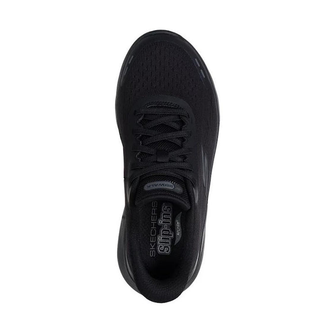 A top view of the Skechers Womens Slip In Go Walk Arch Fit N-Joy Black showcases its lace-up, breathable mesh upper and Arch Fit insole logo. This vegan slip-on walking shoe is set against a plain white background., 199025170253, 49932, 199025170277, 49934, 199025170291, 49936, 199025170314, 49938, 199025170338, 199025170352