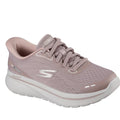 The Skechers Womens Slip In Go Walk Arch Fit N-Joy in taupe features a mesh upper, white Arch Fit sole, slip-in design, and iconic S logo—this vegan walking shoe delivers comfort and style for your daily walks.