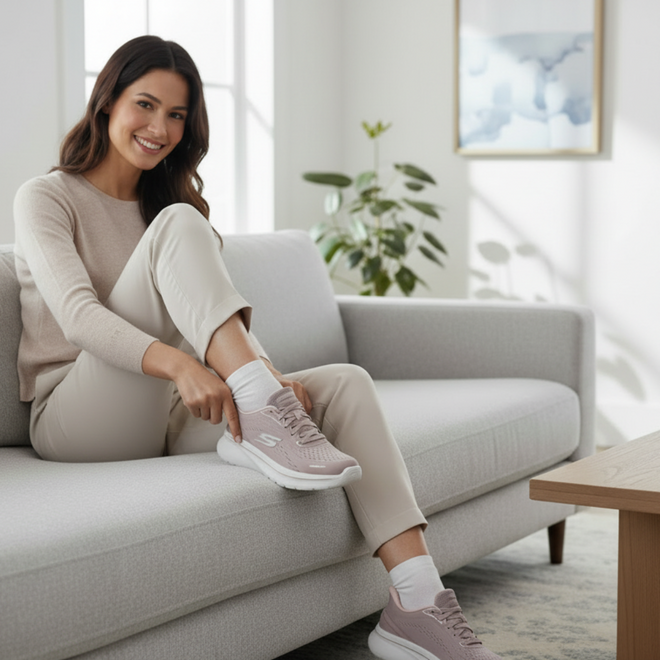A woman sits on a light gray sofa, smiling as she puts on her Skechers Women's Slip-In Go Walk Arch Fit N-Joy Taupe shoes. Dressed in casual light-colored clothes, she relaxes in a modern, bright room with an abstract painting on the wall., 49941, 49942, 199025245340, 49944, 199025245364, 49946, 199025245388, 49948, 199025245401, 49950