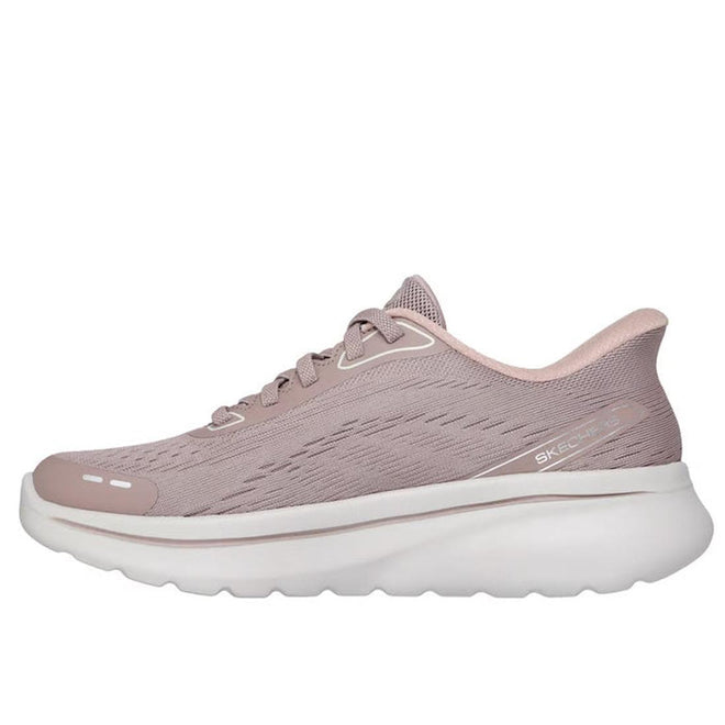 A taupe Skechers Women's Slip-Ins Go Walk Arch Fit N-Joy with a mesh upper, thick white cushioned sole, and slip-on design shown in left-side profile on a white background., 49941, 49942, 199025245340, 49944, 199025245364, 49946, 199025245388, 49948, 199025245401, 49950