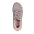 A taupe Skechers Womens Slip In Go Walk Arch Fit N-Joy sneaker is shown from above, featuring a mesh upper, laces, Arch Fit support, vegan materials, and Skechers Slip-Ins logos on the insole against a white background., 49941, 49942, 199025245340, 49944, 199025245364, 49946, 199025245388, 49948, 199025245401, 49950